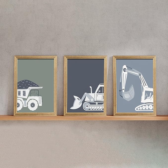Construction Truck Kids Room Wall Art Deco Bulldozer Pictures Tractor Vehicle Poster Dump Truck Wall Art Boy Room Canvas Wall Decoration Baby Room Print Boy Bedroom 12x16 Inch Frame 3 Piece Set
