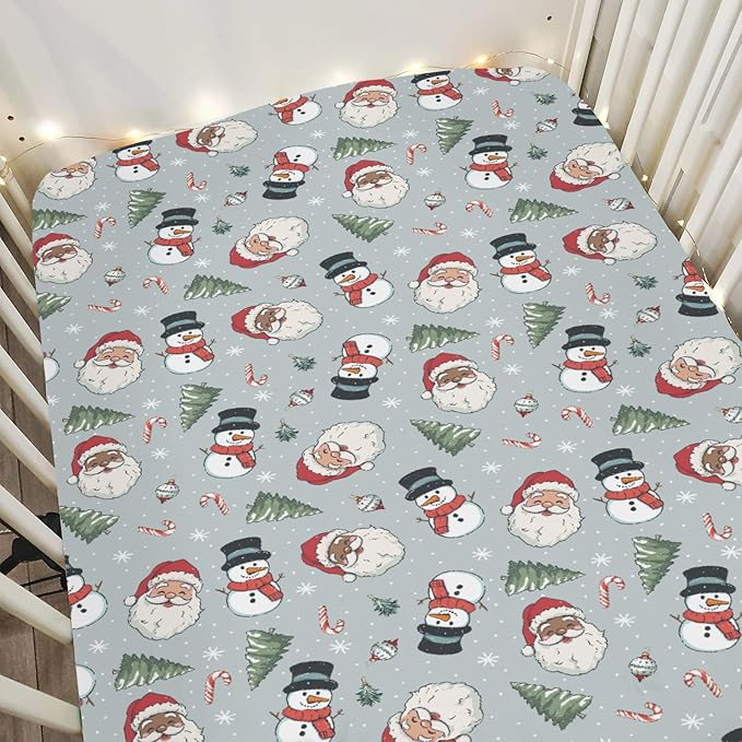 Vintage Christmas Baby Crib Sheets for Boy Girl 28"x52" Xmas Santa Snowman Tree Soft Stretchy Fitted Crib Mattress Cover Winter Holiday Baby Sheet for Standard Crib and Toddler Mattress