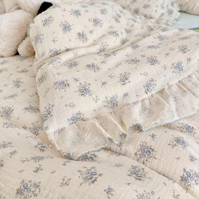 BuLuTu Cottage Chic Ruffled Duvet Cover Full, Blue Floral Quilt Cover 79"x90", 1 PC, Soft Muslin Cotton Comforter Cover Farmhouse Bedding Duvet Cover, No Comforter Insert/Pillowcase