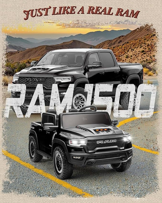 24V Ride on Toys for Big Kids, Licensed RAM 1500 RHO Electric Car for Kids w/Remote Control, Ride on Truck w/Bluetooth, LED Lights, Truck Bed Storage, Gear Shifter & Soft Start (Black)