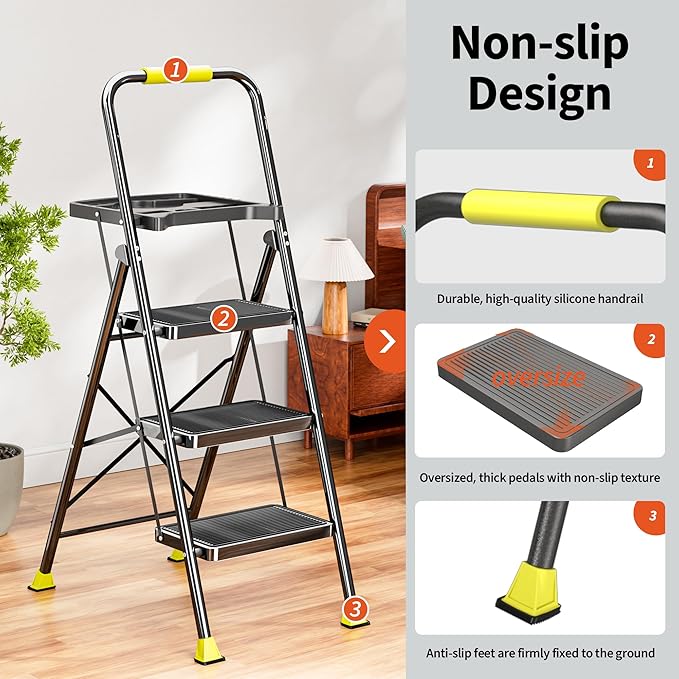 DIAMONDFORGE 3 Step Ladder, Folding Step Stool with Tool Platform, Wide Anti-Slip Pedal and Anti-Slip Feet, Sturdiest Steel Construction, 600lbs Capacity Steel Ladder for Home Office, Black Yellow