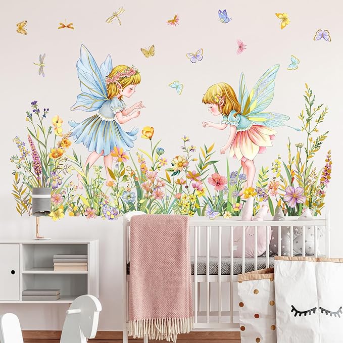 Flower Fairy and Butterfly Wall Decal Large Flower Field and Fairy Wall Stickers Fantasy Theme Peel and Stick Waterproof Decor Suitable for Children's Rooms Bedrooms