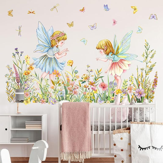 Flower Fairy and Butterfly Wall Decal Large Flower Field and Fairy Wall Stickers Fantasy Theme Peel and Stick Waterproof Decor Suitable for Children's Rooms Bedrooms