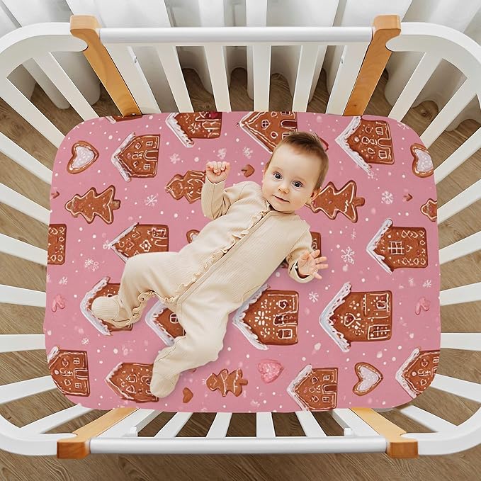 Christmas Gingerbreads Pinks Cute Crib Sheets Soft Breathable Fitted Baby Crib Sheets Mattress Cover for Girls Boys, 52" x 28" x 9"