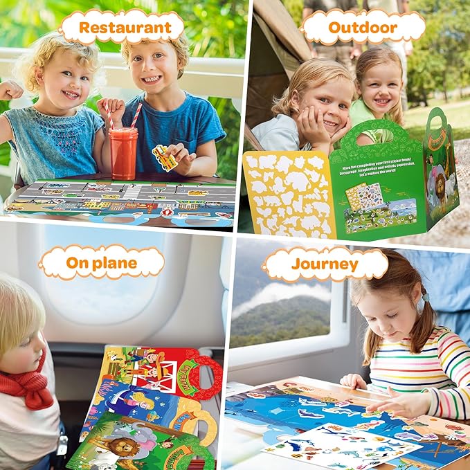 4 Sets Reusable Sticker Books for Toddler, Travel Toys for Toddlers 3-5, Arts Crafts Jelly Stickers, Activity Books for Kids, Holiday and Birthday Gifts Christmas Stocking Stuffers for Boys Girls
