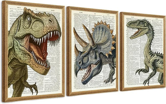 Ovczax 3 Pieces Dinosaur Canvas Wall Art - Tyrannosaurus Rex, Triceratops, Velociraptor Decor For Kids Room Game Room, Living Room, Bedroom 24" x 16"With Framed