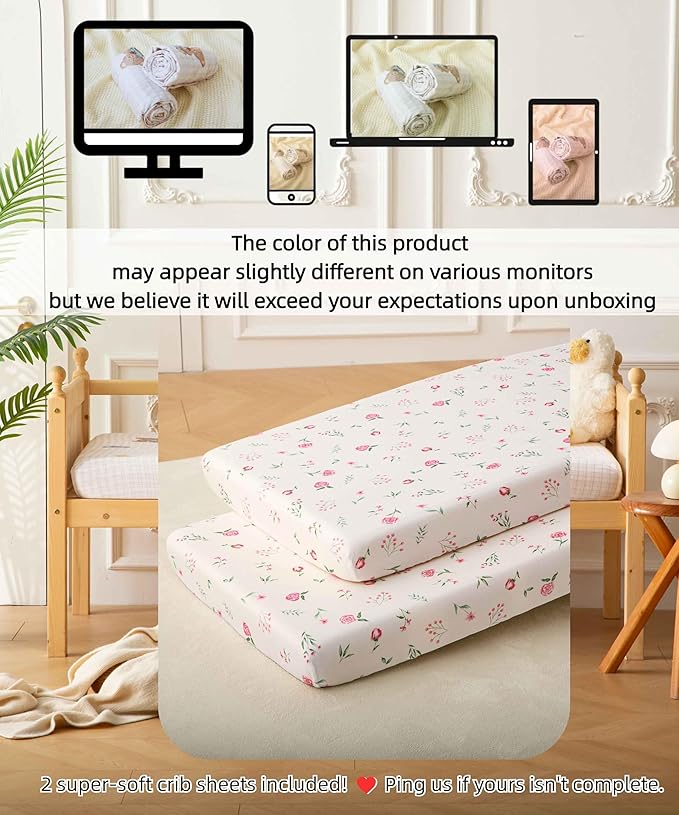 SDY Jersey Crib Sheets for Baby Boys and Girls,52”x28”x8, 2 Pack,Neutral Flower Standard Oval/Retangle Fitted Crib Sheets for Toddler,Super Soft Breathable