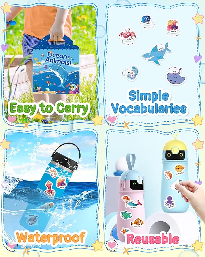 Benresive Reusable Sticker Books for Toddlers, Fun Travel Stickers for Kids, Toddler Sticker Book, Crafts Activities for Toddlers, 3 and Up Birthady Gifts - Ocean Animals