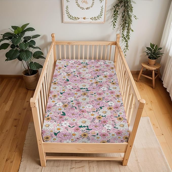 Spring Boho Floral Baby Crib Sheets for Boy Girl 28"x52" Neutral Pink Flowers Leaves Soft Stretchy Fitted Crib Mattress Cover Pastel Peony Daisy Nursery Baby Sheet for Crib & Toddler Bed Mattresses