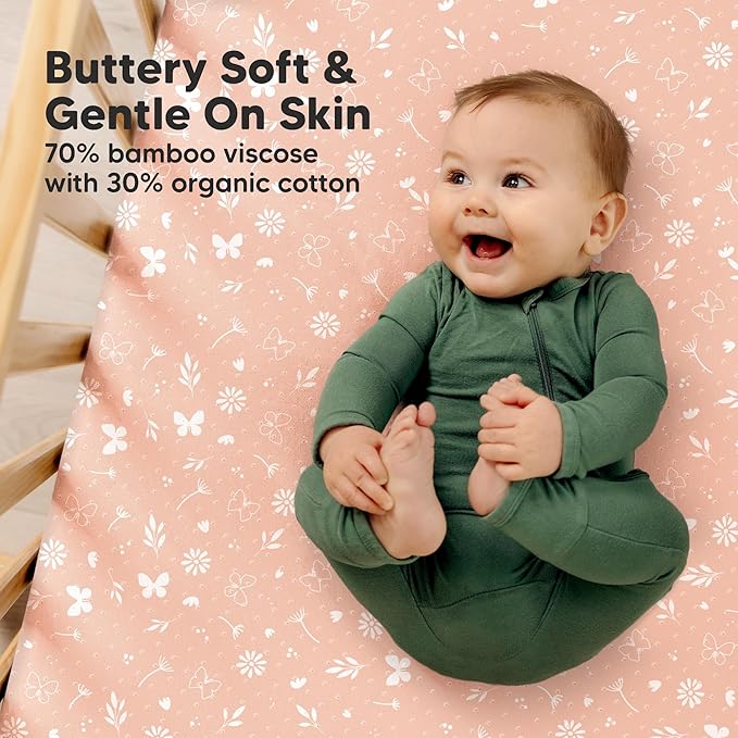 KeaBabies 2-Pack Fitted Crib Sheets for Boys, Girls, Baby - Soft Bamboo Viscose Cotton, 52x28 Standard Crib Mattress Sheets, Toddler Bed Mattress Cover, Gender Neutral,Breathable,Durable (Butterflies)