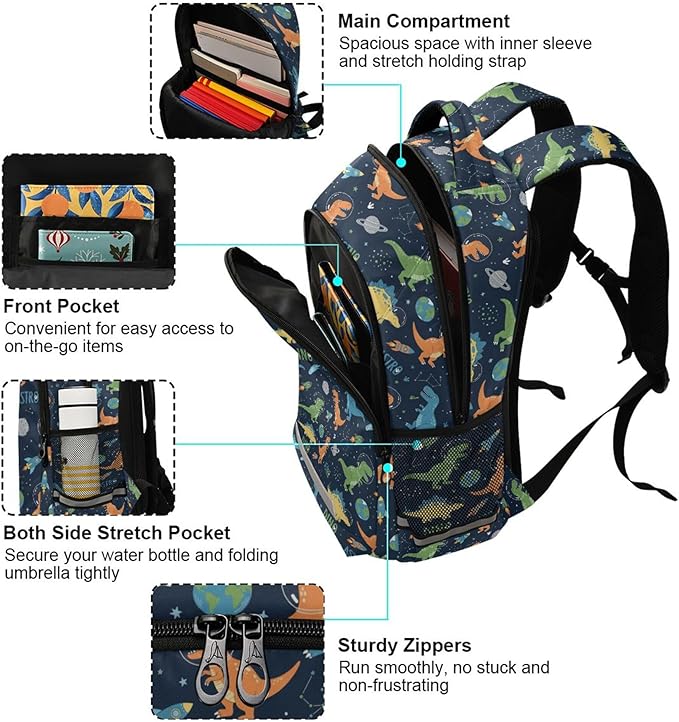 MNSRUU School Backpack with Chest Strap, Cute Funny Dinosaurs Laptop Backpack, Travel Hiking Backpack for Boys Girls, Rucksack, Knapsack One Size