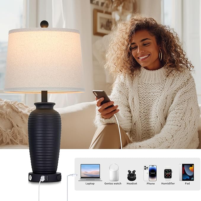CINSARY 25" Retro Black Farmhouse Jar Table Lamps Set of 2, 3 Way Touch Control Rustic Bedside Lamps with USB A+C Ports & AC Outlet, Pot Nightstand Lamps for Bedroom Living Room (LED Bulbs Included)