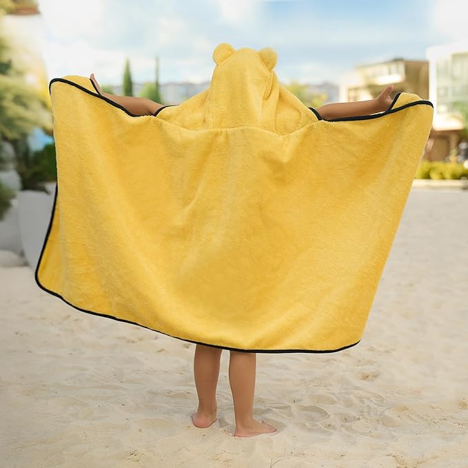 BAGNO MILANO Kids Organic Turkish Cotton Hooded Beach Cover-Up Towel, GOTS Certified, for Boys and Girls (Tiger Yellow, 24"x48"+8"/Hooded Towel)