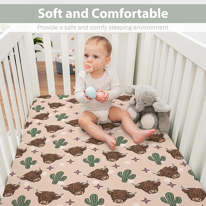 Western Highland Cows Baby Crib Sheets for Boy Girl 52x28Inch Boho Cows Cactus Stars Soft Snug Fitted Crib Mattress Covers Country Farm Animals Baby Sheet for Standard Crib & Toddler Bed Mattress