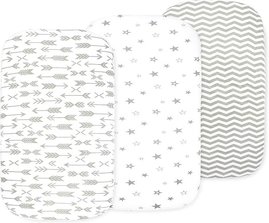 3 Pack Organic Bedside Bassinet Sheets Compatible with Mika Micky, Baby Delight, Dream On Me, AMKE and Other Bassinet Mattress Pads Size Between 17-21 in Width, 29-33 in Length, and 1.5-4 in Thick
