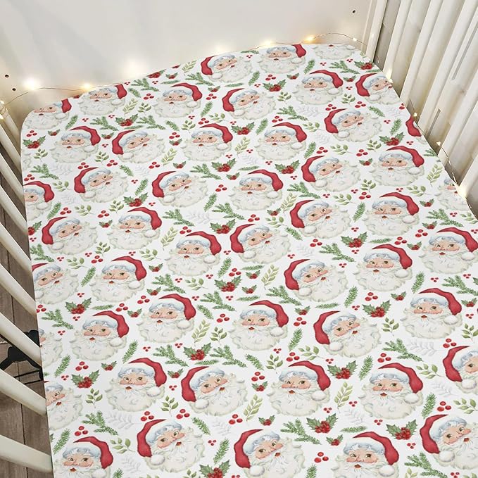 Vintage Christmas Santa Baby Crib Sheets for Boy Girl 52"x28" Santa Claus Cherry Fir Leaves Soft Snug Fitted Crib Mattress Cover Winter Holiday Baby Sheet for Standard Crib & Toddler Bed Mattress