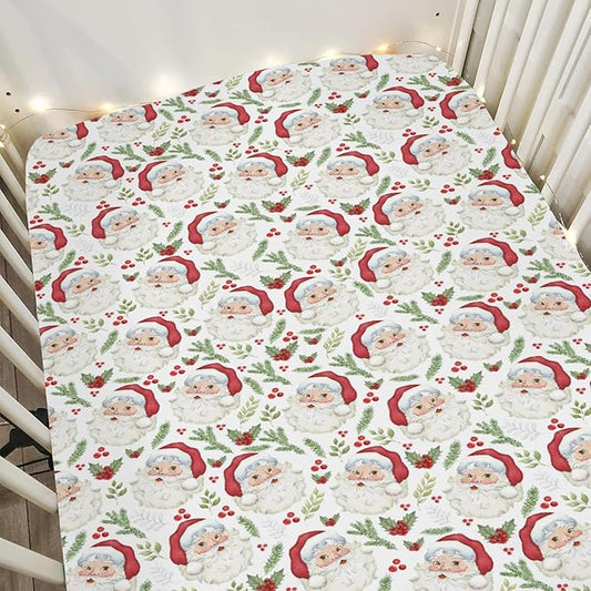Vintage Christmas Santa Baby Crib Sheets for Boy Girl 52"x28" Santa Claus Cherry Fir Leaves Soft Snug Fitted Crib Mattress Cover Winter Holiday Baby Sheet for Standard Crib & Toddler Bed Mattress