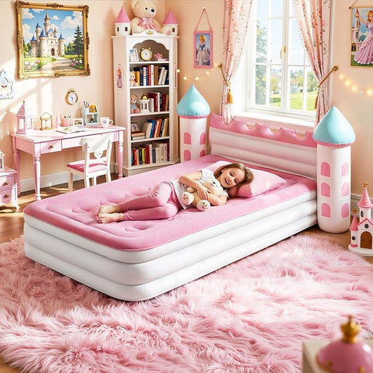 Lewondr Inflatable Kids Bed, Pink Castle Toddler Travel Bed with Electric Air Pump, Kids Blow Up Mattress with Portable Storage Bag, Kids Air Mattress Princess Toddler Bed for Home Camping Sleepovers
