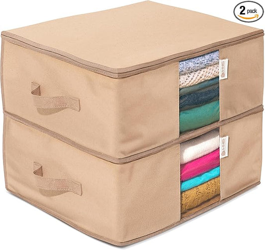 Cedar Clothes Storage Bag Organizer – Protects from Moths, Moisture, Dirt & Dust – Set of 2 Underbed Storage Bags for Clothes, Cashmere Sweaters, Bedding & More - Underbed Storage - Beige