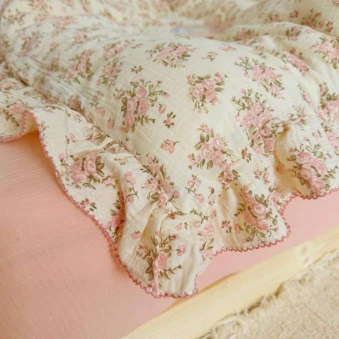BuLuTu Pink Floral Twin Size Duvet Cover for Girls Kids, Flower Print Comforter Cover with Ruffles, Soft Lightweight Quilt Cover 100% Cotton Muslin, Zipper Closure, 68"x86", No Pillowcases