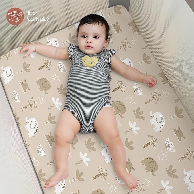 Baby Mini Crib Sheets Boy, Portable 38”x26” Pack and Play Sheets Fitted for Playard and Pack N Play Mattress, 3-Pack Soft Microfiber Orange Animal World