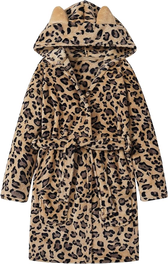 Topgal Leopard Cat Robe for Girls Fleece Toddler Kids Teen Hooded Bathrobe Size 4T-18