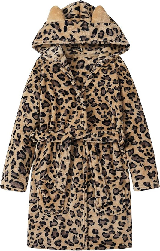 Topgal Leopard Cat Robe for Girls Fleece Toddler Kids Teen Hooded Bathrobe Size 4T-18