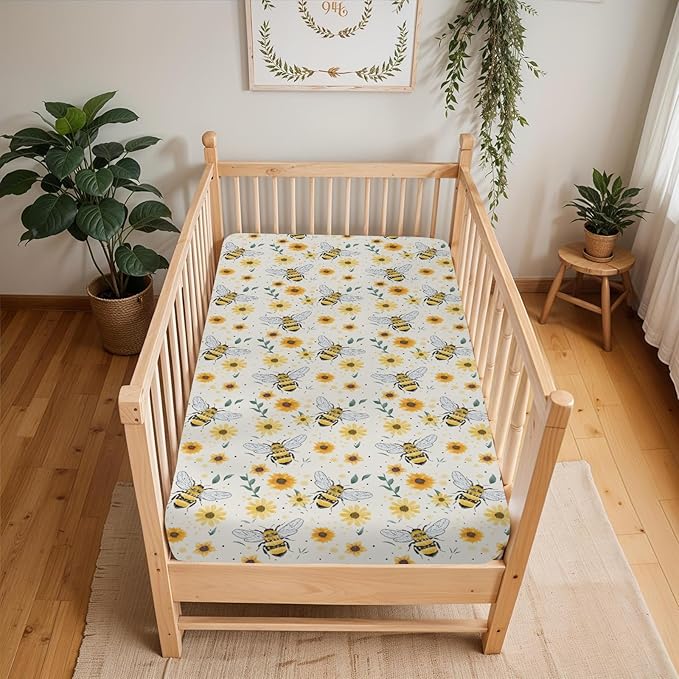 Boho Bees Sunflowers Baby Crib Sheets for Boy Girl 52"x28" Watercolor Bee Yellow Floral Soft Snug Fitted Crib Mattress Cover Spring Summer Baby Sheet for Standard Crib & Toddler Bed Mattress