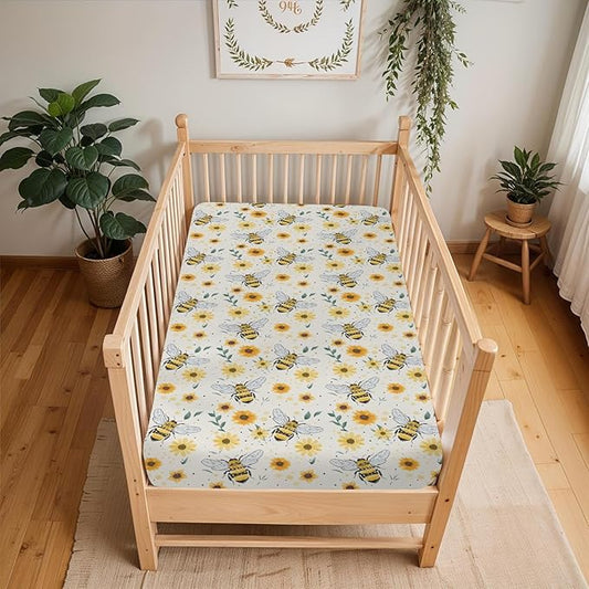 Boho Bees Sunflowers Baby Crib Sheets for Boy Girl 52"x28" Watercolor Bee Yellow Floral Soft Snug Fitted Crib Mattress Cover Spring Summer Baby Sheet for Standard Crib & Toddler Bed Mattress
