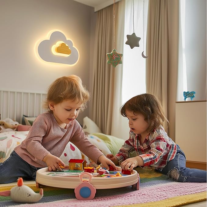 LED Ceiling Light 26W Wood Cloud Cartoon Kids Ceiling Light 15.74in Kids Room Light fixtures Ceiling Mount 3000-6500K with nightlight Ceiling Lamps for bedrooms Girl Boy Nursery Toys Room