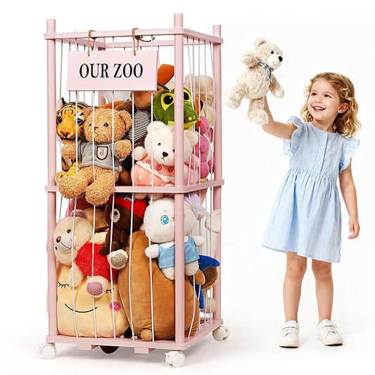 Edudif Stuffed Animal Storage Zoo, Wooden Stuffed Animal Organizer with Removable Wheels & 5-Row Elastic Cords, Space-Saving Plush Toy Storage Holder for Playroom, Bedroom, Nursery