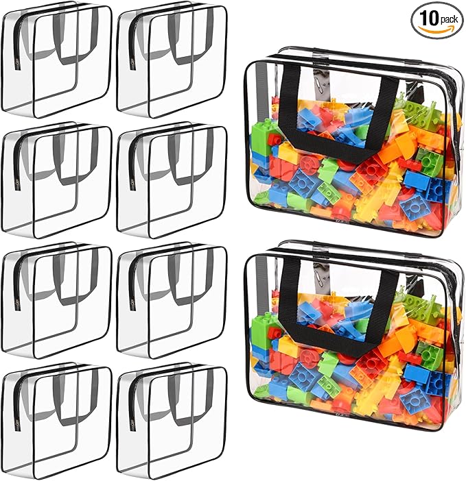 10 Packs Large Toy Storage Bags with Labels, Waterproof Clear PVC Storage Bags for Toys, Travel Organizer Bags with Zipper Closure for Puzzles, Building Blocks, Kids' Books