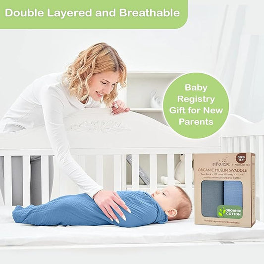 Organic Cotton Muslin Baby Blanket - 47x47 Inch Breathable Swaddle, Hypoallergenic Double-Layer, Versatile Use (Slate/Aquarius, 47x47 Inch)