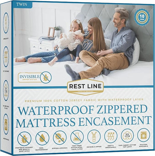 Twin Size 39x75” Premium Waterproof Zippered Mattress Encasement, 100% Cotton, Hypoallergenic, Six Sided Mattress Cover, Invisible Zippered, Soft & Breathable up to 15" Deep - Rest Line