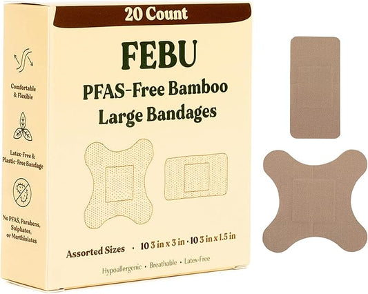 FEBU Eco-Friendly Large Bamboo Bandages | PFAS Free Bandages for Scrapes & Cuts | Flexible Fabric Bandage | Fully Compostable, Latex Free Bandage | 20 Count Large