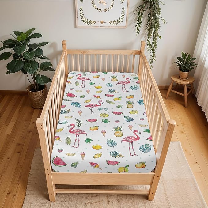 Pink Flamingo Tropical Flowers Leaves Baby Crib Sheets for Boy Girl 28"x52" Summer Birds Fruits Soft Snug Fitted Crib Mattress Cover Beach Vacation Baby Sheet for Standard Crib & Toddler Bed Mattress