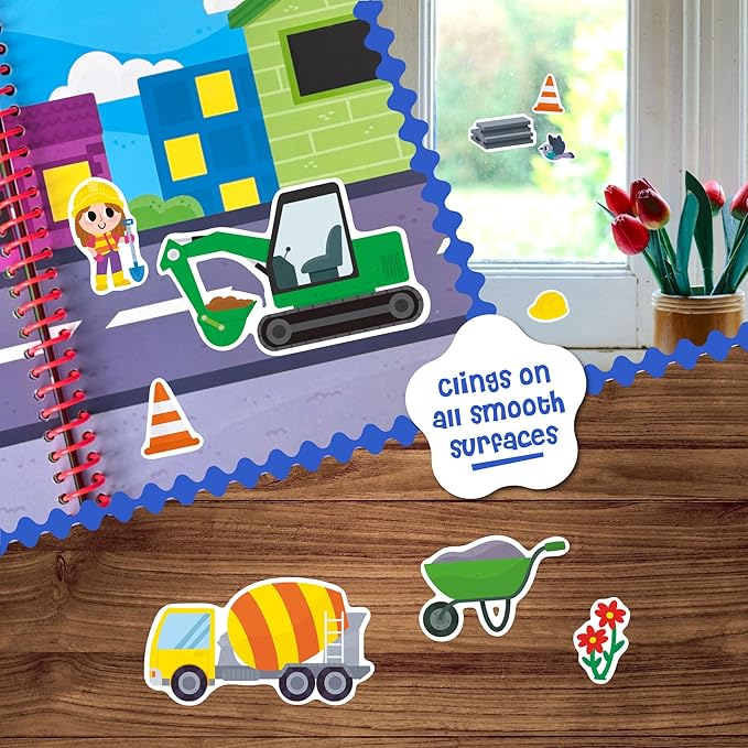 Stick4Ever Jelly Sticker Book - for Kids - Waterproof, Easy to Clean Reusable Sticker Book for Toddlers- Reusable Road Trip Activities for Kids - Stocking Stuffers for Toddlers (Construction)