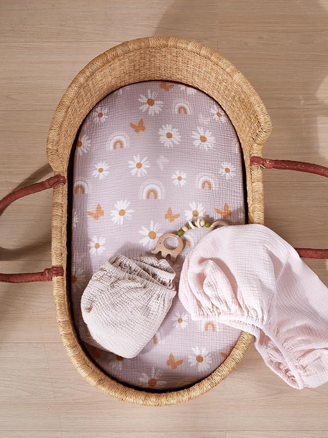 TILLYOU Muslin Bassinet Sheets for Baby Boys Girls 3 Pack, Soft Breathable Elastic Cotton Bassinet Mattress Sheets, Fit Hourglass Oval Rectangle Cradle Mattress, 33"X17",Pink Butterfly