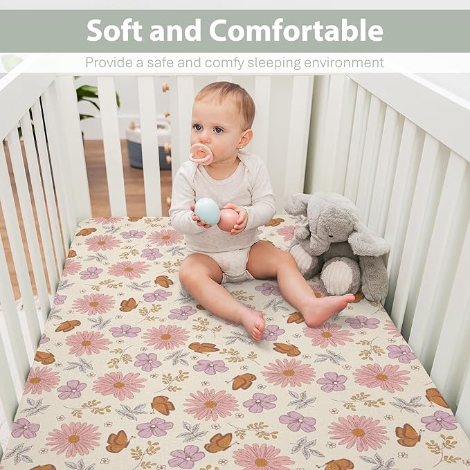 Vintage Wildflowers Butterflies Baby Crib Sheets for Boy Girl 52x28Inch Retro Blossoms Leaves Soft Snug Fitted Crib Mattress Cover Spring Summer Floral Baby Sheet for Standard Crib & Toddler Mattress