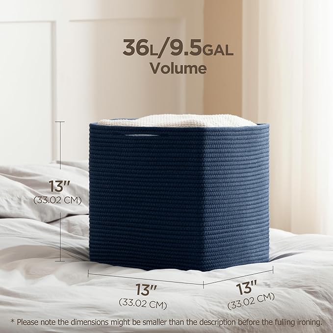joybest 13x13x13inch Cube Storage Bins Set of 4, Cotton Rope Woven Organizer Basket for Shelves, Cube Bin Square Shelves Organizer Closet Storage, Nursery, Toy Organization, Navy Blue