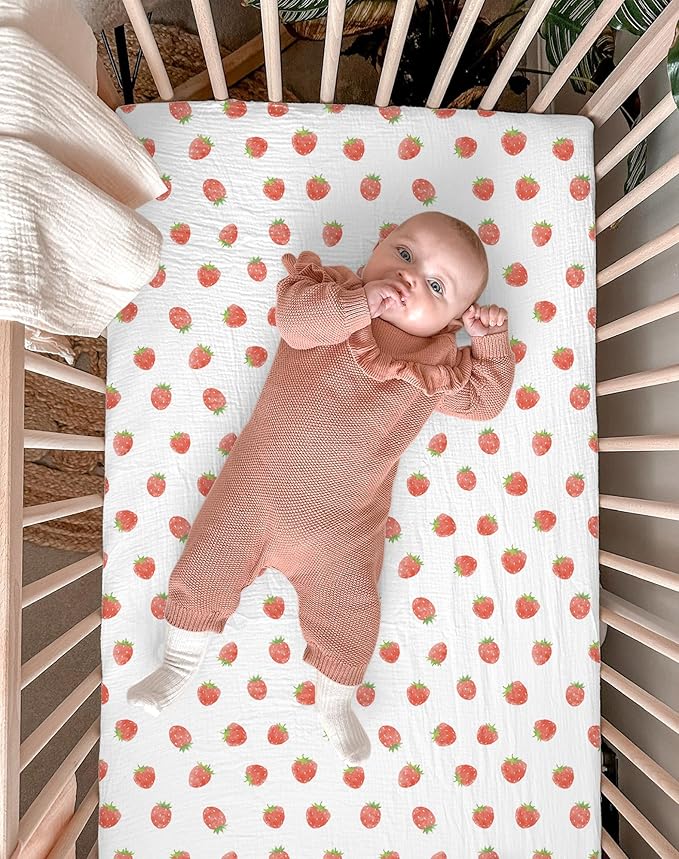 Mini Crib Sheets for Baby Boy Girl 2 Pack, Neutral Mini Crib Mattress Sheet 24" x 38", Muslin Nursery Bedding Soft and Breathable Comfort (Strawberry & Pale Pink)