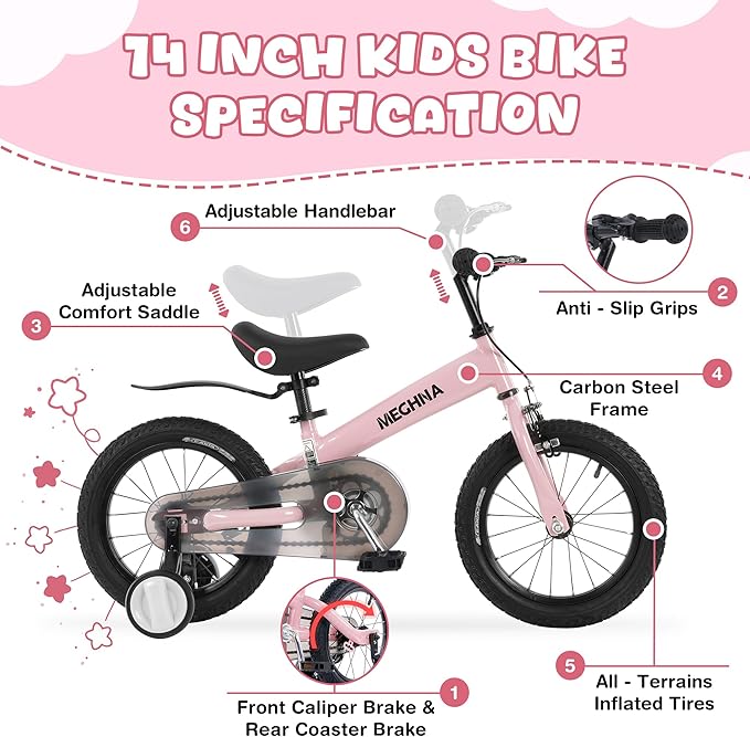 MEGHNA 2 in 1 Toddler Balance Bike 14 inch Wheel Kids Bike Aged 3-7 Years Old with Footrest Detachable Training Wheels Caliper and Coaster Brake Strider Bike for Boys Girls, Easy to Assembly