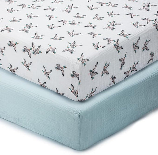 LollyBanks Muslin Crib Sheets 2 Pack, Soft and Breathable Baby Crib Sheets for Standard 52 x 28 inches Mattress, 100% Cotton Neutral Baby Bed Sheet, Infant Registry (Mallard Duck and Solid Green)