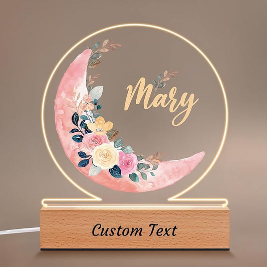 IOUMAM Personalized Baby Gifts for Kids, Custom Moon Flower Acrylic Plaque Name Night Light for Toddler, Unique Birthday Newborn Baby Shower Gifts for Boys Girls Nursery Bedroom Room Decor