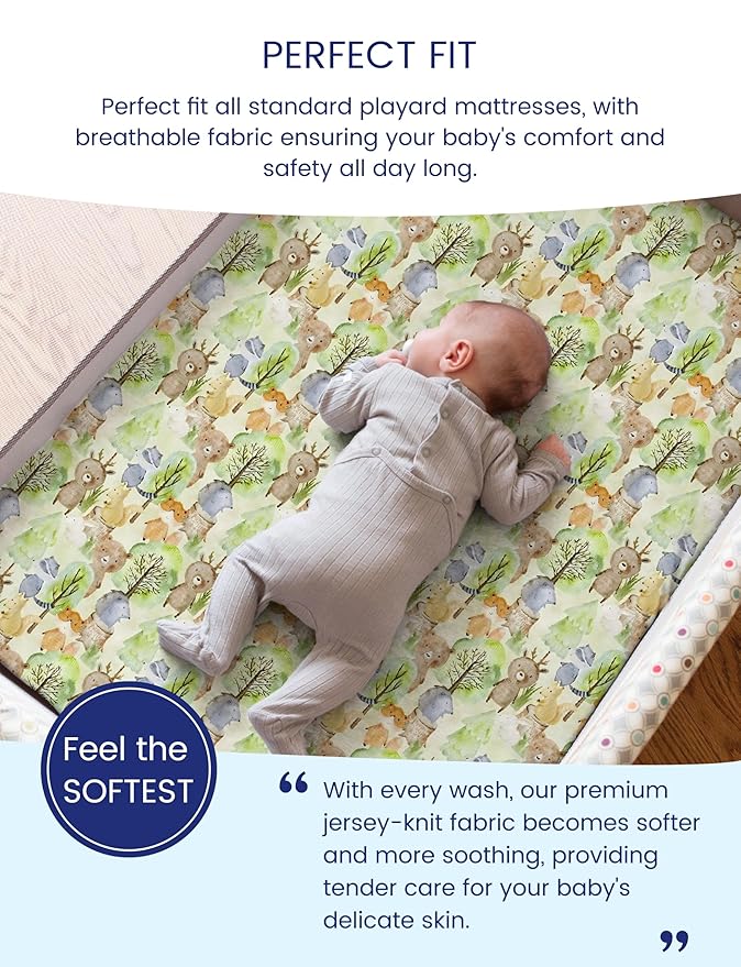 TotAha Mini Crib Sheets 24x38, Ultra Soft Pack N Play Sheets Fitted Boy Girl, Super Stretchy Jersey Knit Pack and Play Mattress Sheets, Hypoallergenic, Forest Bear & Cute Deer