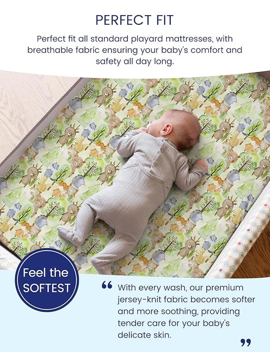 TotAha Mini Crib Sheets 24x38, Ultra Soft Pack N Play Sheets Fitted Boy Girl, Super Stretchy Jersey Knit Pack and Play Mattress Sheets, Hypoallergenic, Forest Bear & Cute Deer