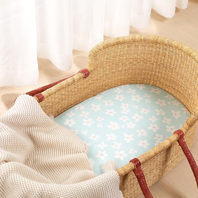 TILLYOU Baby Bassinet Sheets for Girls Boys, Fit for Hourglass Oval Rectangle Bassinet Mattress Sheets, 33”X16”, 2 Pack Fresh Flowers and Light Green