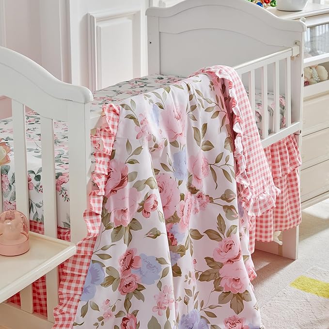 3 Piece Floral Crib Bedding Set, Soft Quilted Baby Comforter with Fitted Sheet & Ruffled Crib Skirt, Breathable and Cozy Shabby Chic Nursery Decor