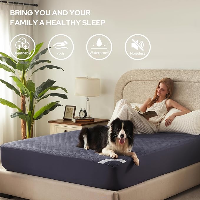 BEDLORE 2 Pack Waterproof Mattress Protector, King Size Pad with Deep Pocket 6"-18" Depth, Soft Breathable Dirt Proof Single Bed Mattress Cover for Bedroom, Dorm Room (Navy Blue)
