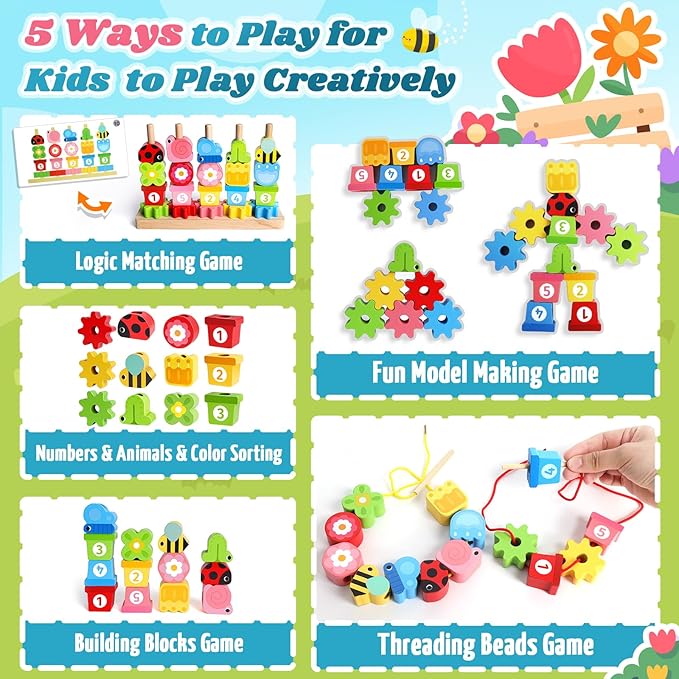 Toys for 2 3 4 Year Old Girl Boy, Wooden Montessori Toys for Ages 2-4 Toddler, Birthday Gifts for Girls Age 2 3 Stacking Blocks & Lacing Beads Sequence for Kids, Toddlers Preschool Learning Activities